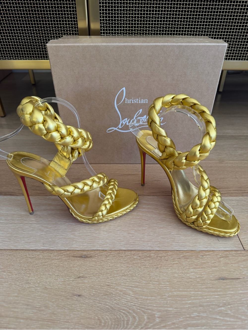 New Christian Louboutin Fatima 120 Gold Braided Leather Sandals 8.5 with box - Picture 5 of 8